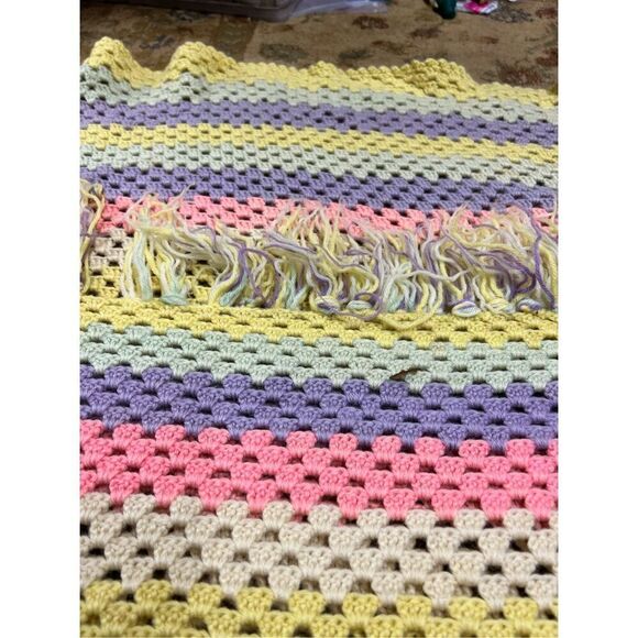 Multicolor Striped Fringe Knitted Blanket Size 80” x 83” - Picture 10 of 15
